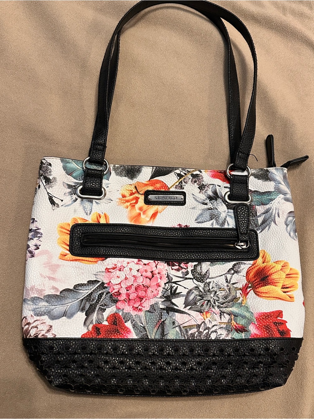 Stone & Co. Floral Shoulder Bag in White with Black Trim